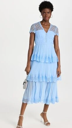 Self Portrait Blue Chiffon Tiered Midi Dress
